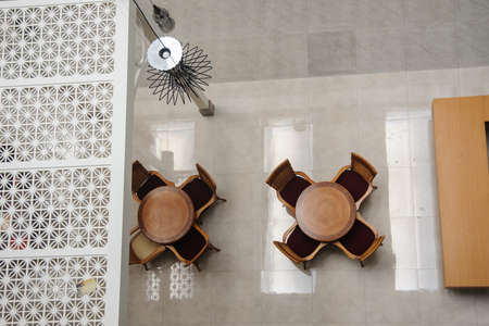 round tables top point in a hotel restaurantの写真素材