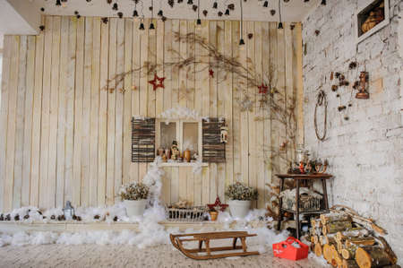 wood wall with window decorated for photo sessionの写真素材