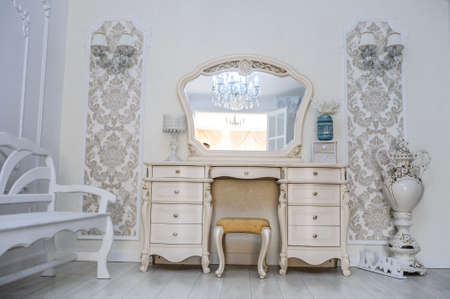 white vintage room with chair and mirror for makeupの写真素材