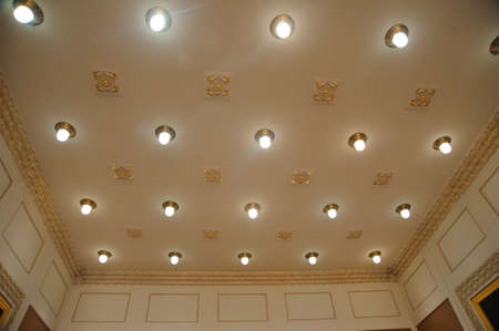 Retro antique ceiling with crystal decoration lights on itの写真素材