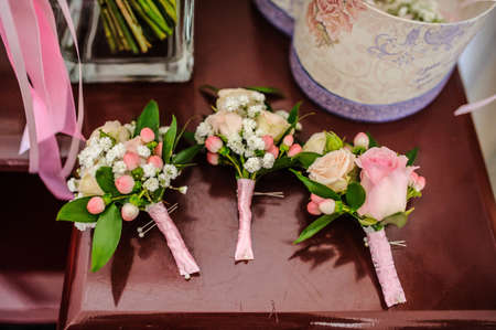 Design element: wedding bouquet on the red tableの写真素材