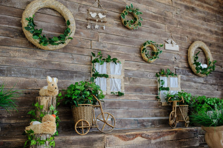 Decoration on a wooden wall with stairs for events, weddings photosession