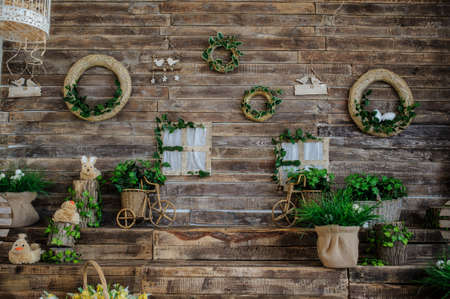 Decoration on a wooden wall with stairs for events, weddings photosessionの写真素材