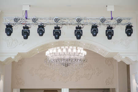 White glass chandelier, shines the banquet hall, clouse viewの写真素材
