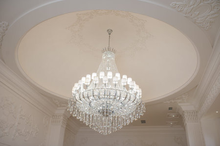 White glass chandelier, shines the banquet hall, clouse viewの写真素材