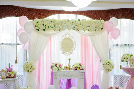 Decoration with white, pink and purple balloons for a weddingの写真素材