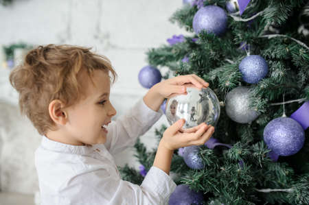6-year blond boy decorating the Christmas tree with purple toysの写真素材