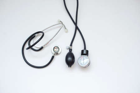 A stethoscope, close view, white backgroundの写真素材