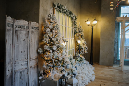 Photography studio with christmass decorations and vintage streetlamps