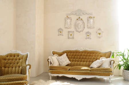 Sofa and chair in the wedding decor studio. One sofa and one chair with flowers and frames on the wall.の写真素材
