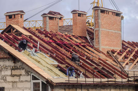 the roof of a high building in constructionの写真素材
