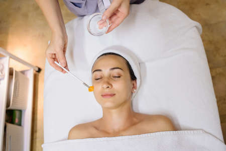 Close up head shot of Woman having curative facial massage. Therapist applying a mask with a brush on the face.の写真素材