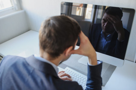back view of a young man sitting in front of a computer monitor and thinking about a task