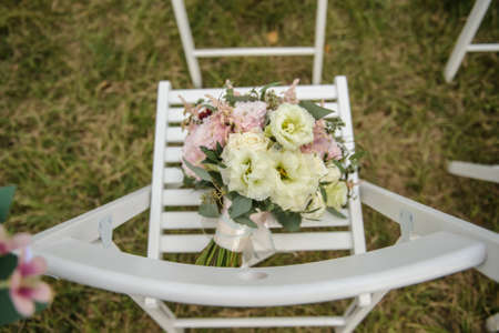 top view of a bridal bouquet from white and pink eustomaの写真素材