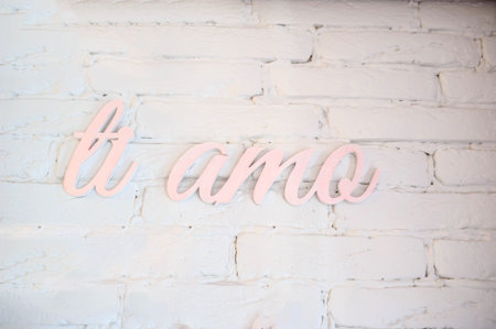 close up photo of hand lettering ti amo in pink color on a white brick wall