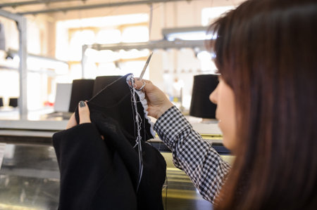 lateral view of a young woman analyzing a knitted piece of cloths near industrial knitting machine...