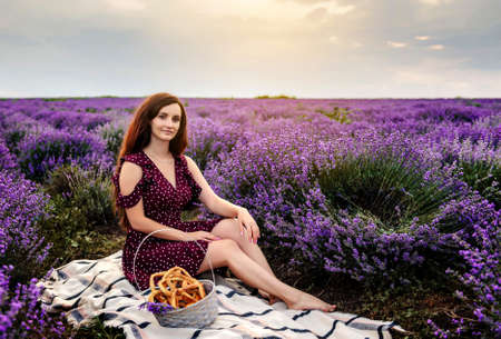 Portrait of a young woman in violet dress with dots having a picnic with a basket full of cookies and bagels in a lavender field. Lavender flowers bloomの写真素材
