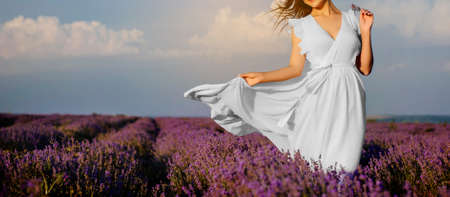 Close up of a young woman in white dress  walking in the lavender field. Lavender flowers in bloom.の写真素材