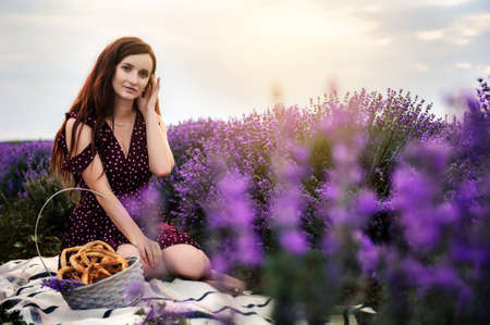 Portrait of a young woman in violet dress with dots having a picnic with a basket full of cookies and bagels in a lavender field. Lavender flowers bloomの写真素材
