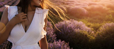 Close up of a young woman in white dress  walking in the lavender field. Lavender flowers in bloom.の写真素材