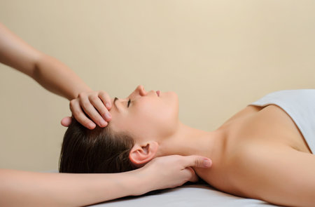 Spa procedure of neck massage. Close up view of beautiful young woman lying on back. Masseur...