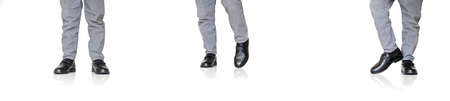 A series of  photos with  boy's legs in black shoes in different positions on white background.の写真素材