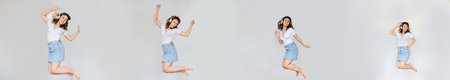 A series of photos of young sexy woman with pink headphones listening to the music, jumping and laughing. Copy space for your text.の写真素材