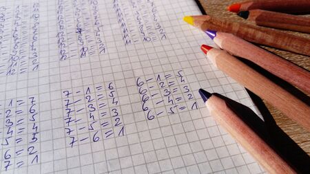 Examples of subtracting numbers are written on the cell page of the notebook. Math lesson. Doing homeworkの写真素材