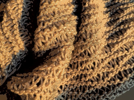 knitted product from bulky polyacrylic yarn of beige or brown color. Lush machine box. Option for a warm wardrobe for the autumn-winter period. Warm scarf, sweater or jumper.の写真素材