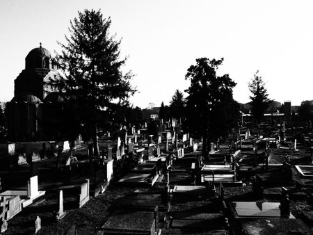 Sremska Mitrovica, Serbia, February 25, 2021. Christian city modern cemetery. Graves with stone...