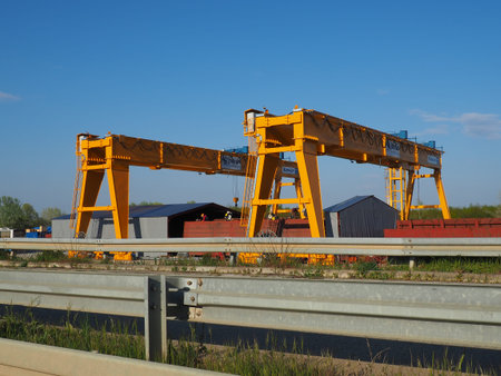 Sremska Raca, 25 April 2021. Construction of a bridge on the Sava river, crane operation, beams and...