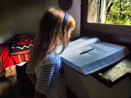 A girl of 8 years old with long blond hair near the window is reading a book. A room with...