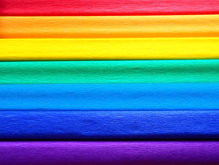 A Rainbow Flag, the Pride Flag. LGBTQ community symbol. EuroPride 2022 in Belgrade is a landmark event for Europe entire LGBTI community. Red, orange, yellow, green, blue and purple crepe paperの写真素材
