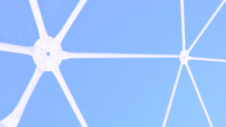 Blockchain network and internet. White lines and connected dots on a blue background. Chemical...