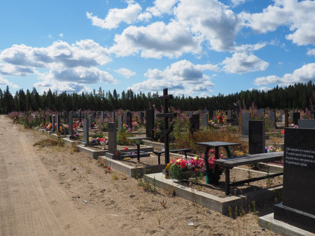 Vilga, Russia, July 21, 2021. City cemetery with fresh graves, wooden and stone gravestones, metal...