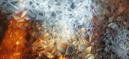 Corrugated glass with backlight. Beautiful light refraction in red, brown, yellow, orange and black colors. Abstract background for self-adhesive films. Ribbed glass surfaceの写真素材