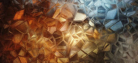 Corrugated glass with backlight. Beautiful light refraction in red, brown, yellow, orange and black colors. Abstract background for self-adhesive films. Ribbed glass surfaceの写真素材