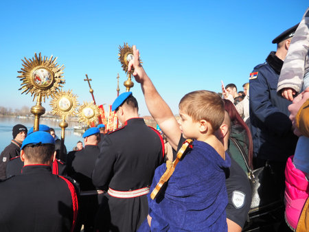 Sremska Mitrovica, Serbia, January 19, 2022. The Christian feast of the Epiphany. Mass bathing....