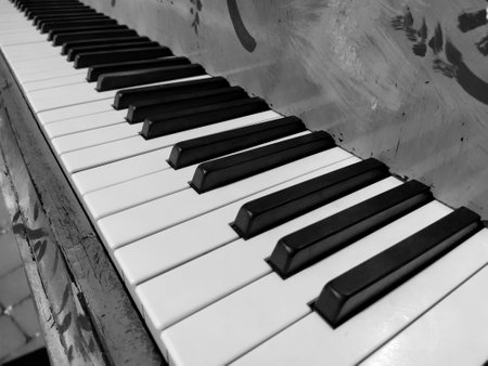 A piano or piano is a stringed percussion and keyboard musical instrument. An octave is a musical interval in which the ratio of frequencies between sounds is one to two. Black and white monochrome.の写真素材