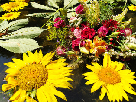 Yellow decorative sunflowers, pink and red roses in a bouquet floating in the water of a pond....