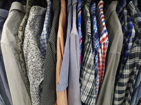 Clothes hung on hangers. Assortment of second hand store. Mens shirts hanging on a rack, ready for sale to customers. Saving money in crisis. Cheap shopping. Checkered, striped, plain mens shirtsの写真素材
