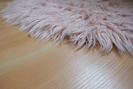Long pile rug in pink on a beige laminate floor. Feminine interior for a room or bedroom of a girl or woman. Interior design in pink tones. Flooring is laminate. The role of dust mites in allergiesの写真素材
