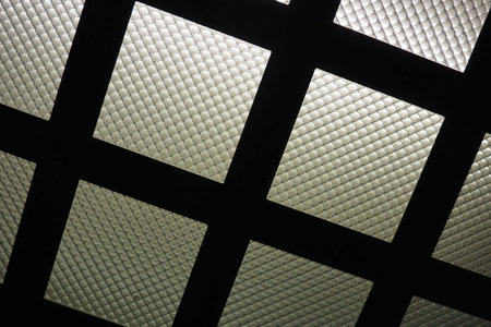 Electric LED light in the elevator. The ceiling of the elevator car. Checkered light source,...