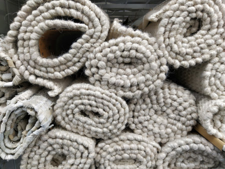 Soft fluffy gray and white rugs folded into skeins, rolls and bundles. An assortment of bedspreads on a store shelf. The blankets are beautifully laid out for sale. Fleecy warm synthetic fabricの写真素材