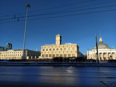 Moscow, Russia, January 3, 2023. Leningradsky railway station in winter. The area of three stations. The passenger terminal of the Moscow-Passenger railway station. Komsomolskaya Square in Moscowのeditorial素材