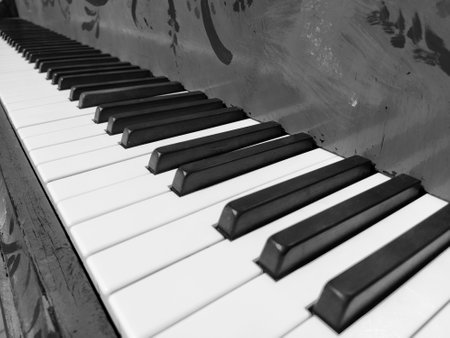 A piano or piano is a stringed percussion and keyboard musical instrument. An octave is a musical interval in which the ratio of frequencies between sounds is one to two. Black and white monochrome.の写真素材
