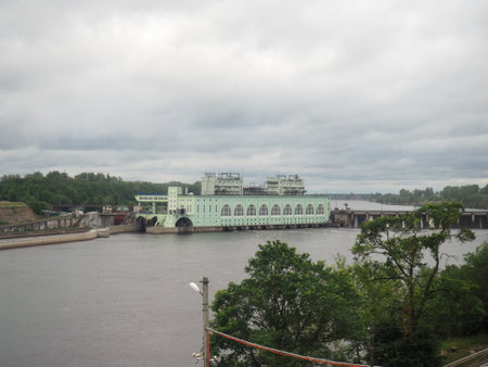 Volkhov, August 6, 2021 Volkhovskaya HPP, HPP-6 is a hydroelectric power plant on the Volkhov River in the Leningrad Region. The first large hydroelectric power plant in Russia. Electricity generationのeditorial素材