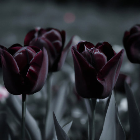 Black tulips. Paul Scherer tulip buds. Selection and tulip mania. Botany, floriculture, horticulture and landscape design. A symbol of memory of soldiers who died in Afghanistan and in other wars.の写真素材