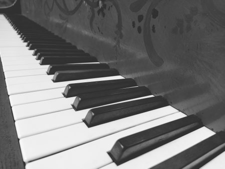 A piano or piano is a stringed percussion and keyboard musical instrument. An octave is a musical interval in which the ratio of frequencies between sounds is one to two. Black and white monochrome.の写真素材