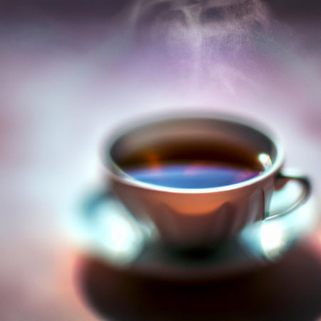Cup of a hot tea in cafe. Anamorphic bokeh effect. Tilt-shift photo. Tasty aromatic tea in a lovely cup with a saucer. The tea is getting cold. Natural aroma. Label or advertisement. Evaporation.の写真素材